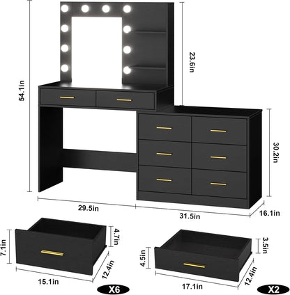 Garvee 61" White Makeup Vanity Desk with Mirror and Lights, Adjustable Brightness, 3 Lighting Modes, 8 Storage Drawers & 2 Open Shelves - Vanity Table for Bedroom