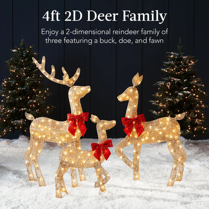 Best Choice Products 3-Piece 2D Deer Family Set, Lighted Christmas Outdoor Decoration w/175 Lights, Stakes - Gold