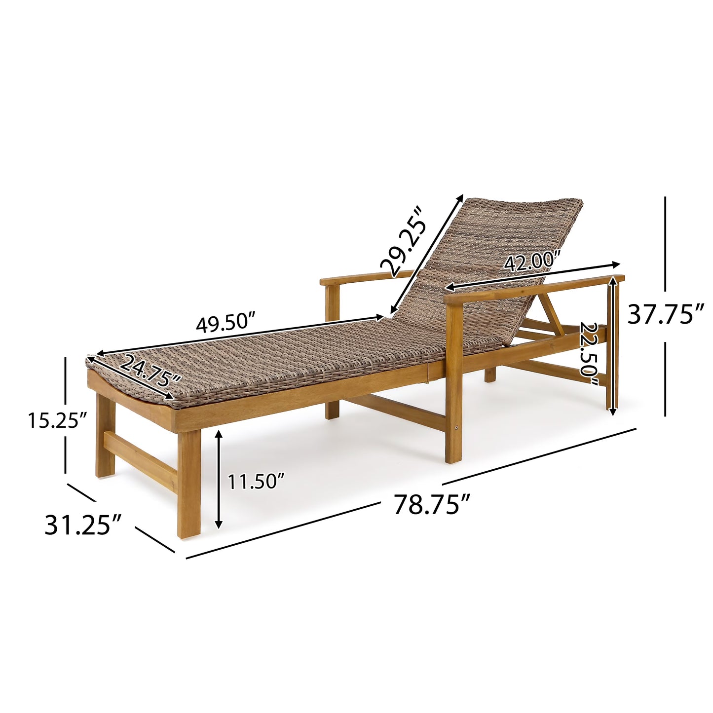 Christopher Knight Home Hampton Outdoor Rustic Acacia Wood Chaise Lounge with Wicker Seating by mixed black, light gray wash