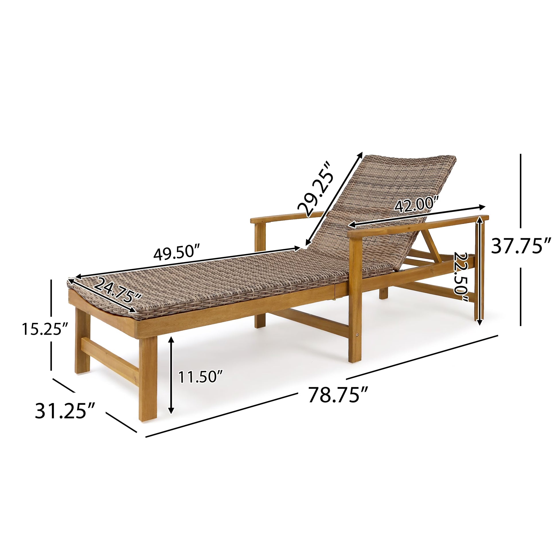 Christopher Knight Home Hampton Outdoor Rustic Acacia Wood Chaise Lounge with Wicker Seating by mixed black, light gray wash