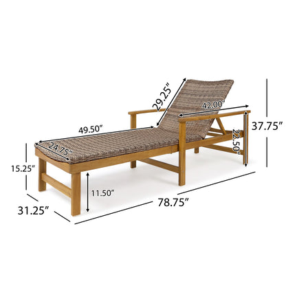 Christopher Knight Home Hampton Outdoor Rustic Acacia Wood Chaise Lounge with Wicker Seating by mixed black, light gray wash