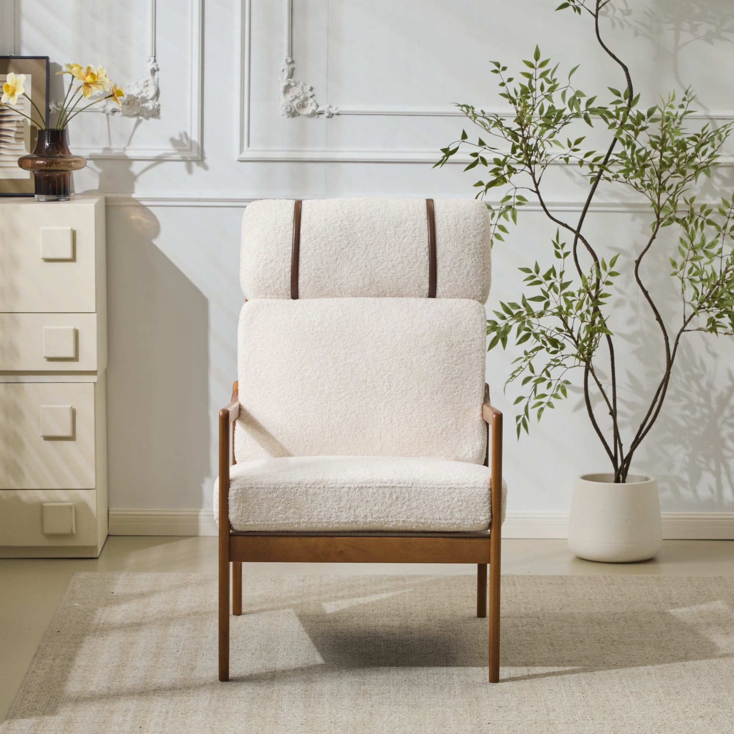 Christopher Knight Home Mid-Century Modern Accent Chair, Solid Wood Frame with High Back, Beige Cushions