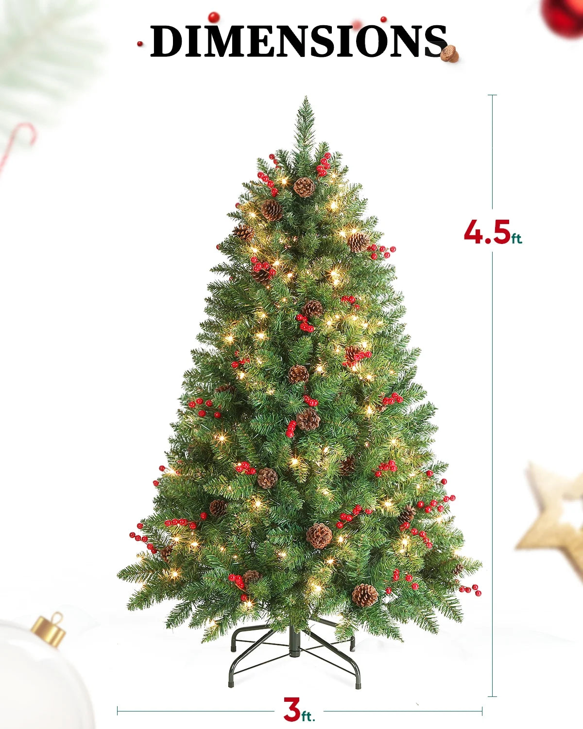 Jostyle 4.5FT Pre-Lit Christmas Tree, Decorated with 300 Clear Lights and Realistic 516 Thicken Tips