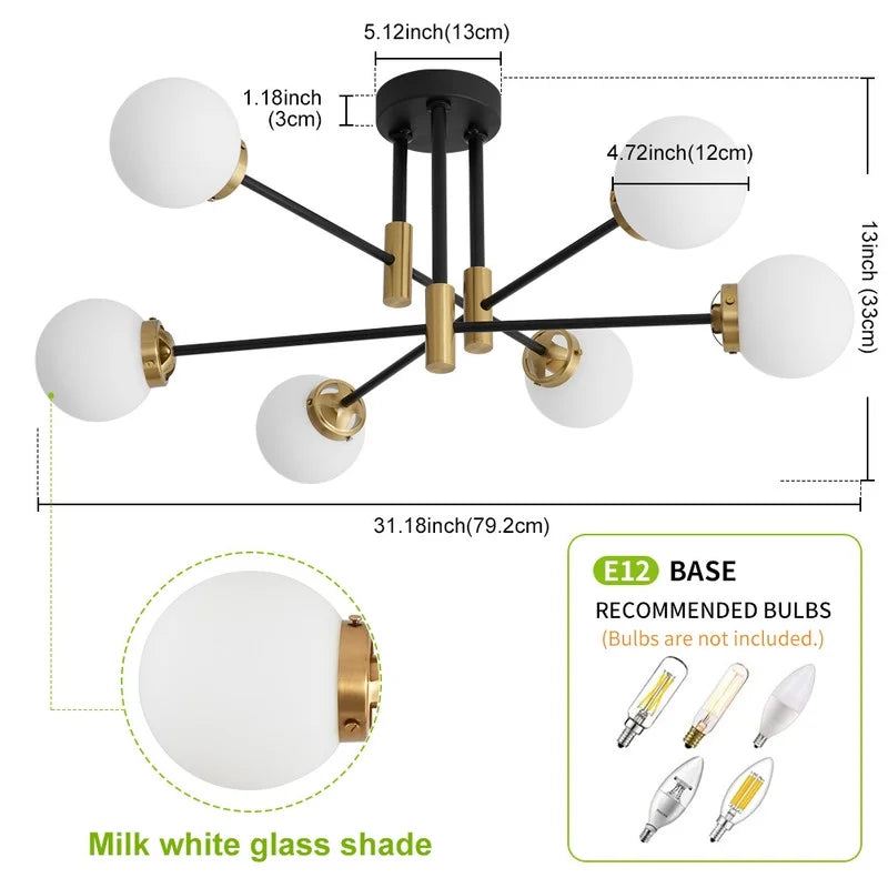 Deyidn Modern 6-Light Sputnik Chandelier with Milky White Glass Shades, 31 Inch Gold Pendant Lighting for Dining Room