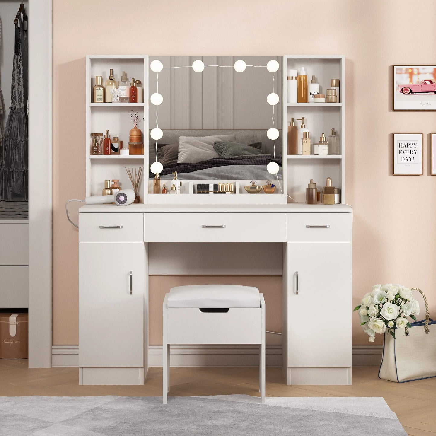 Veanerwood Large Makeup Vanity Set with Lights, White Bedroom Makeup Vanity Table with Storage, 3 Adjustable Lighting Colors, Modern, 45.2in
