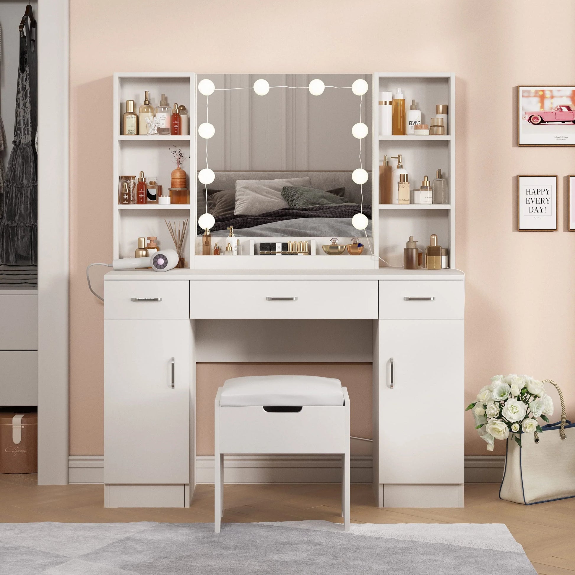 Veanerwood Large Makeup Vanity Set with Lights, White Bedroom Makeup Vanity Table with Storage, 3 Adjustable Lighting Colors, Modern, 45.2in