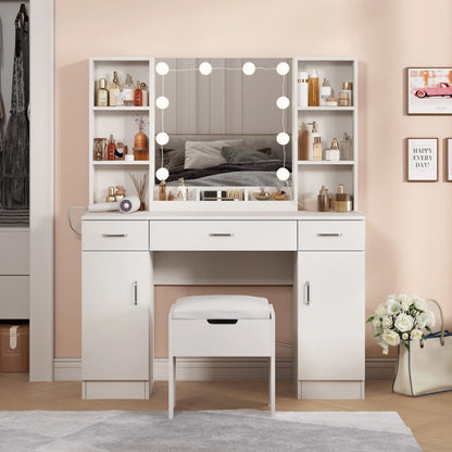 Veanerwood Large Makeup Vanity Set with Lights, White Bedroom Makeup Vanity Table with Storage, 3 Adjustable Lighting Colors, Modern, 45.2in