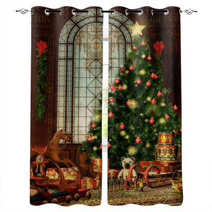 Christmas Bells Christmas Tree Sleigh Red Horse Curtains For Living Room Bedroom Decor Window Treatment Drapes Kitchen Curtains