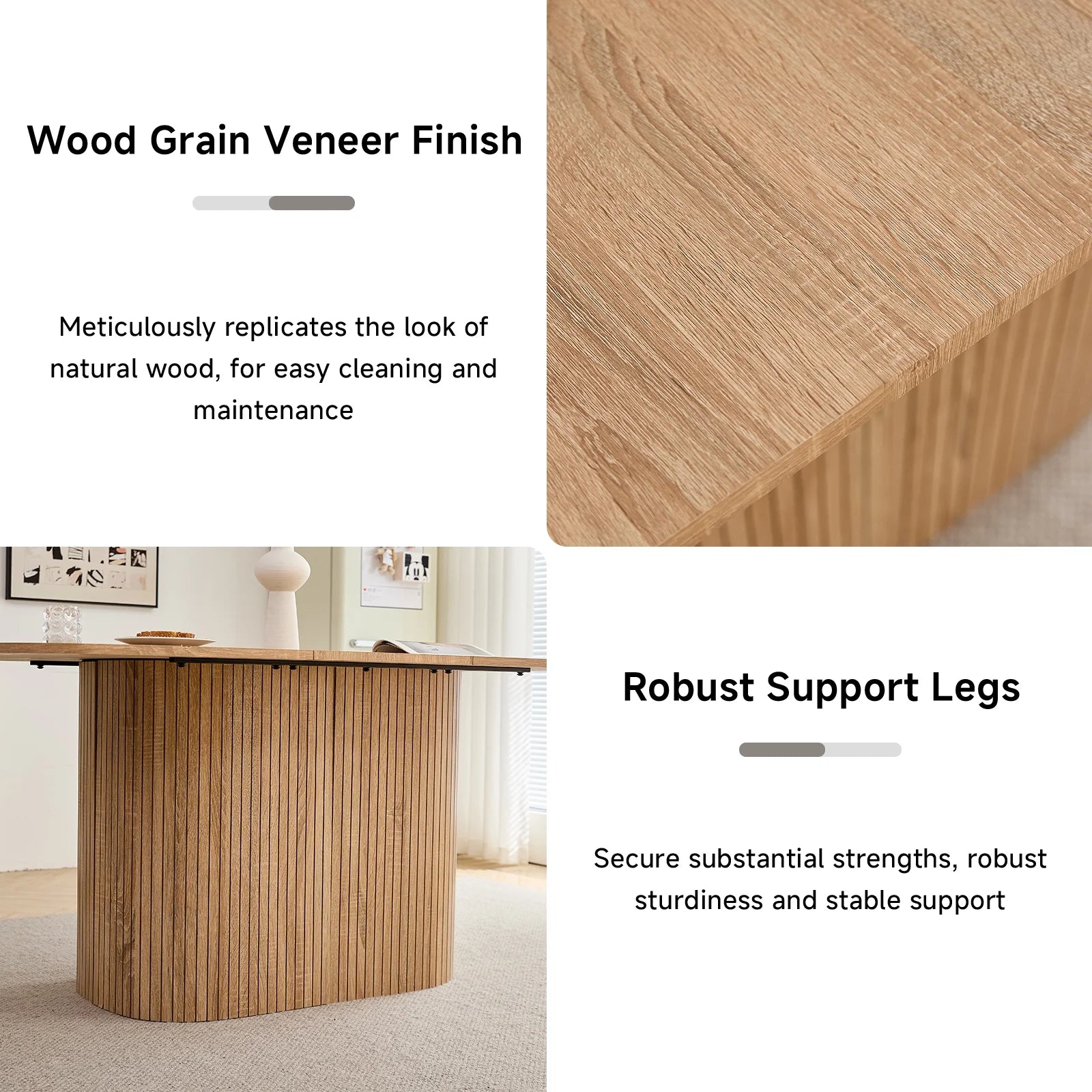 HJhomeheart 63" Rectangle Dining Table for 4 6 Person, Rounded Corners, Wood Strip Pedestal Base, Rustic Farmhouse Modern Breakfast Dinner Kitchen Table