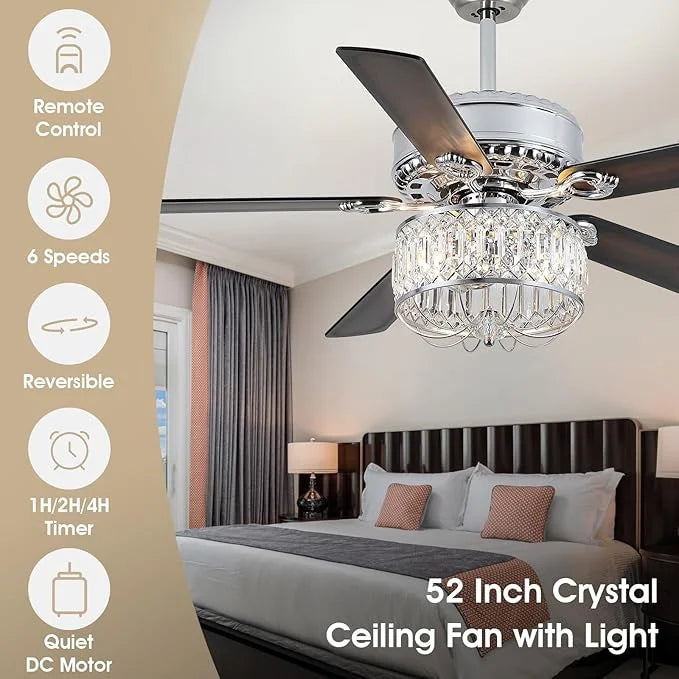 Kviflon 52" Farmhouse Ceiling Fan with Lights & Remote, Crystal Chandelier, Wood Blades, Quiet Motor, 6-Speed, Timer, Modern Lighting for Living Room, Bedroom, Dining Room, Chrome Finish