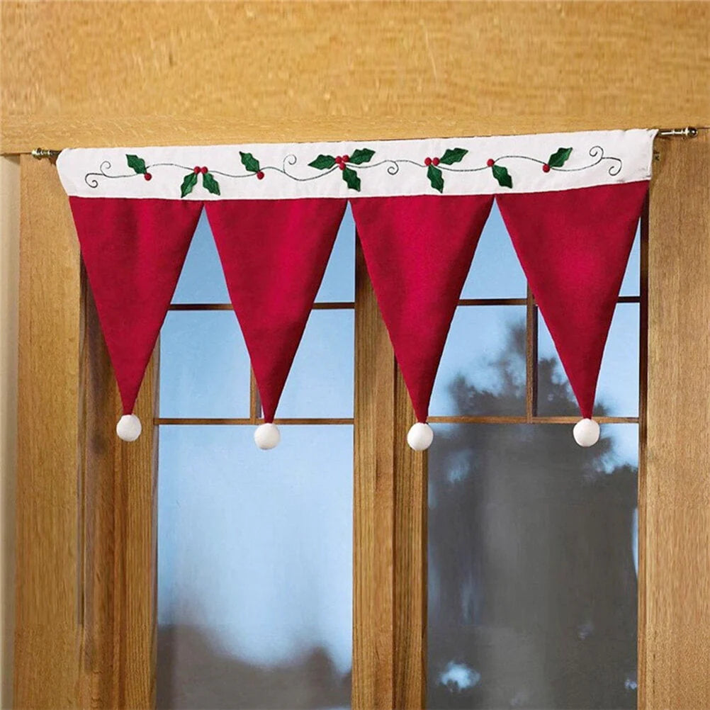 Hemoton Christmas Santa Hat Curtain Valance Christmas Door Window Flag Bunting Decorations for Home Living Room (Red)