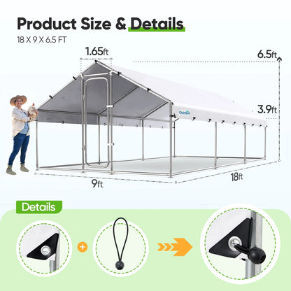 Quictent Large Metal Chicken Coop Run for 30+ Poultry with Galvanized Hardware Cloth and Waterproof Roof Cover, Outdoor Walk-in Cage Peak Hen House for Yard Farm, 18x9x6.6FT