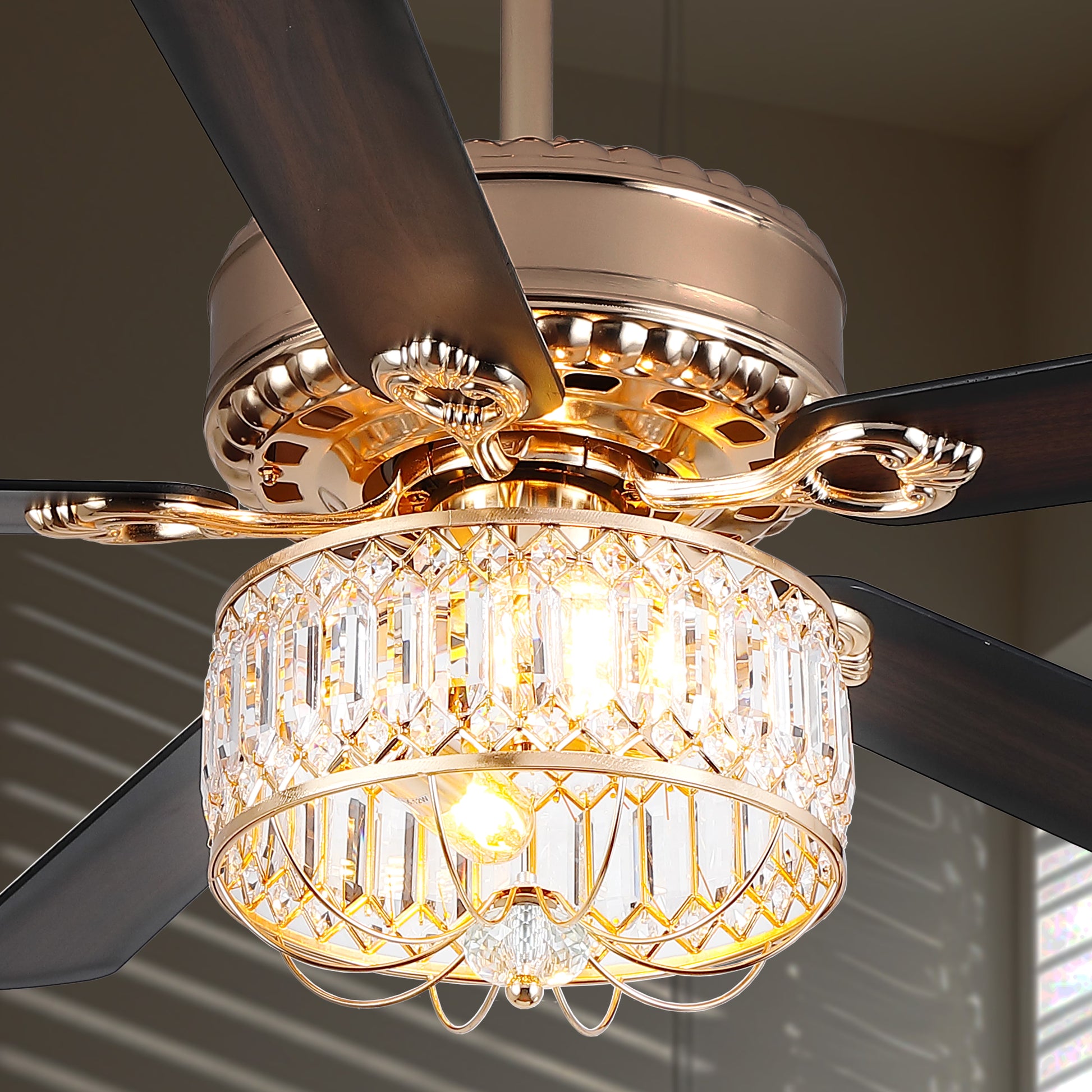 Kviflon 52" Farmhouse Ceiling Fan with Lights & Remote, Crystal Chandelier, Wood Blades, Quiet Motor, 6-Speed, Timer, Modern Lighting for Living Room, Bedroom, Dining Room, Chrome Finish