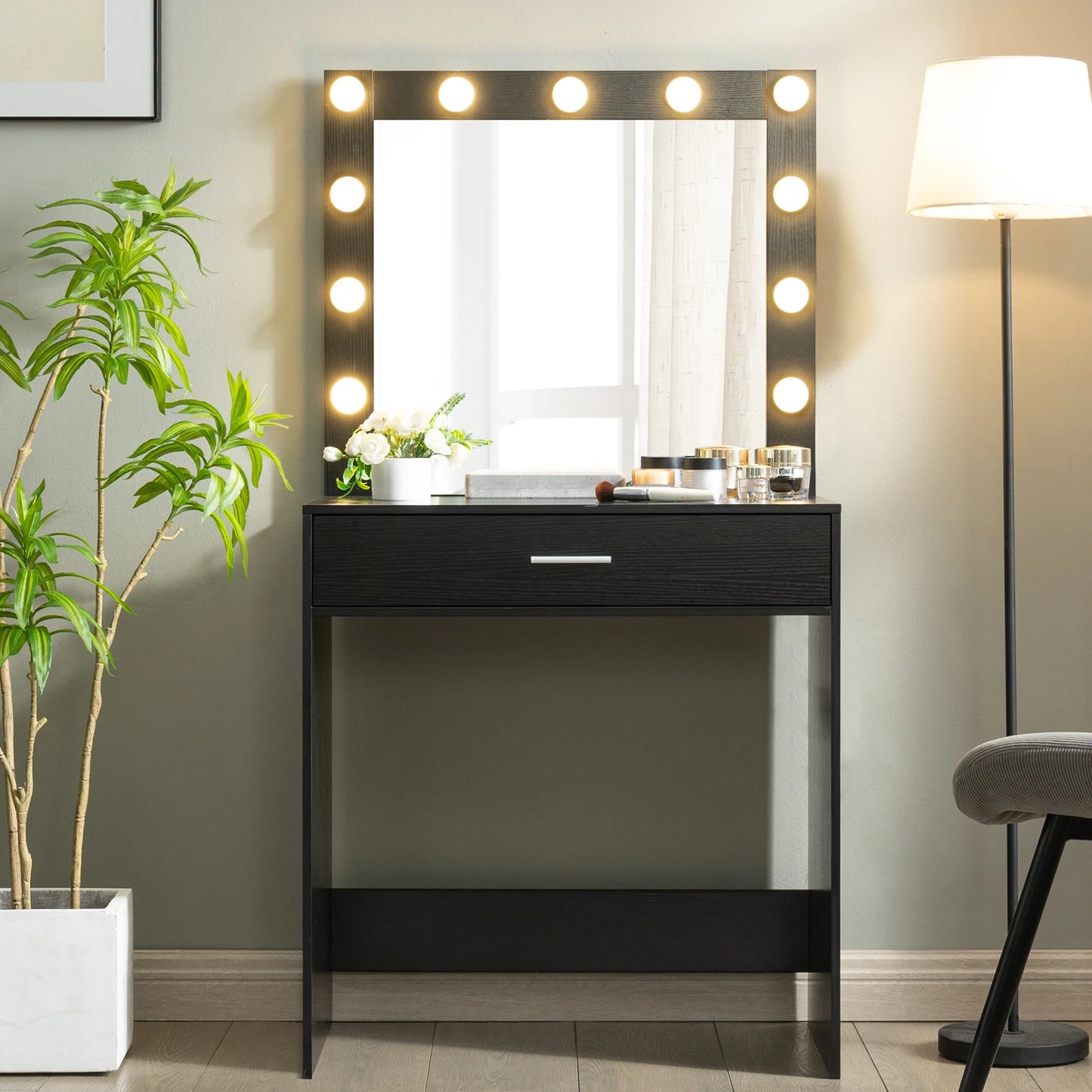 Vanity Desk With Mirror, Makeup Table Desk With Drawer, 3 Lighting Modes Adjustable Brightness Vanity Makeup Table For Small Space Home Living Room