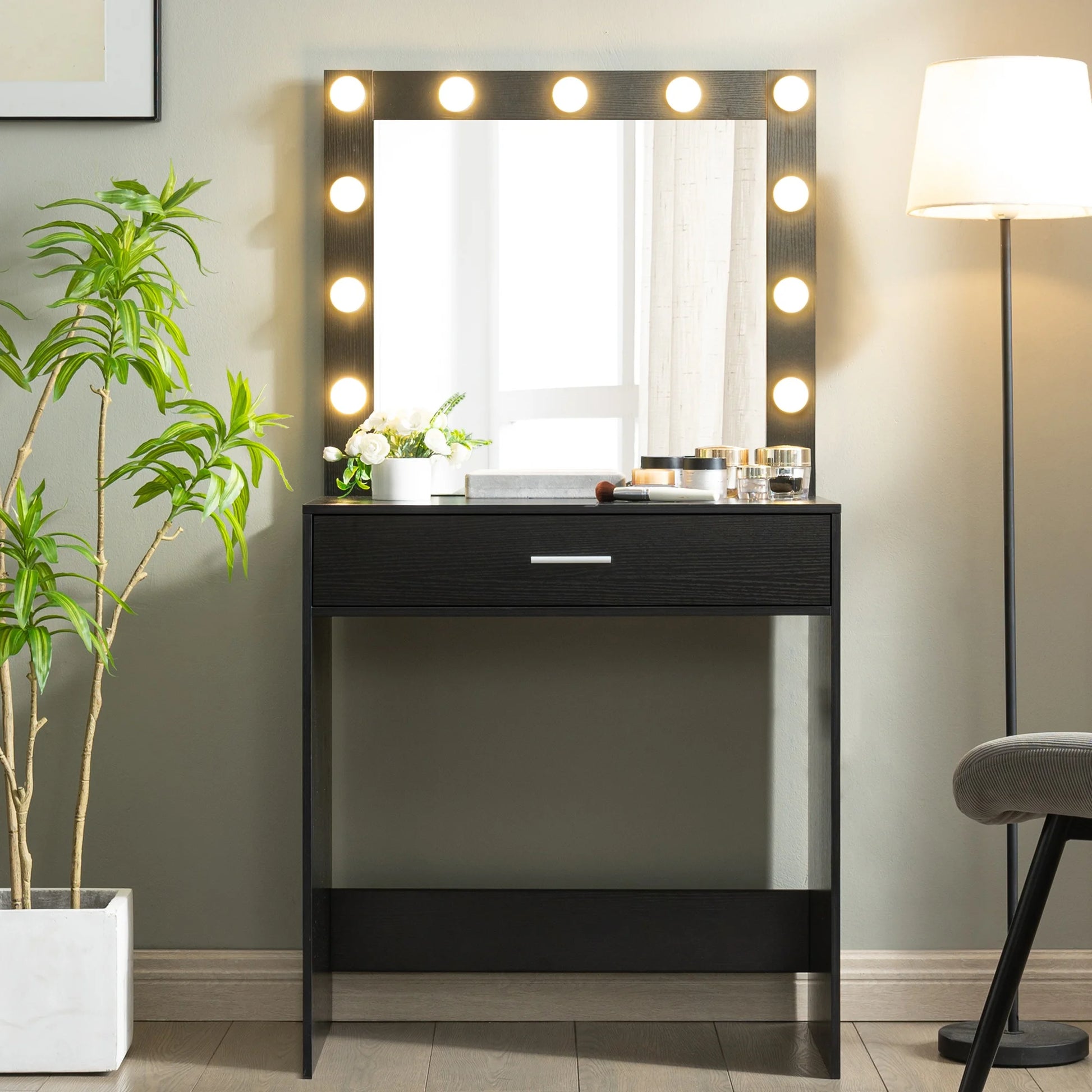 Vanity Desk With Mirror, Makeup Table Desk With Drawer, 3 Lighting Modes Adjustable Brightness Vanity Makeup Table For Small Space Home Living Room