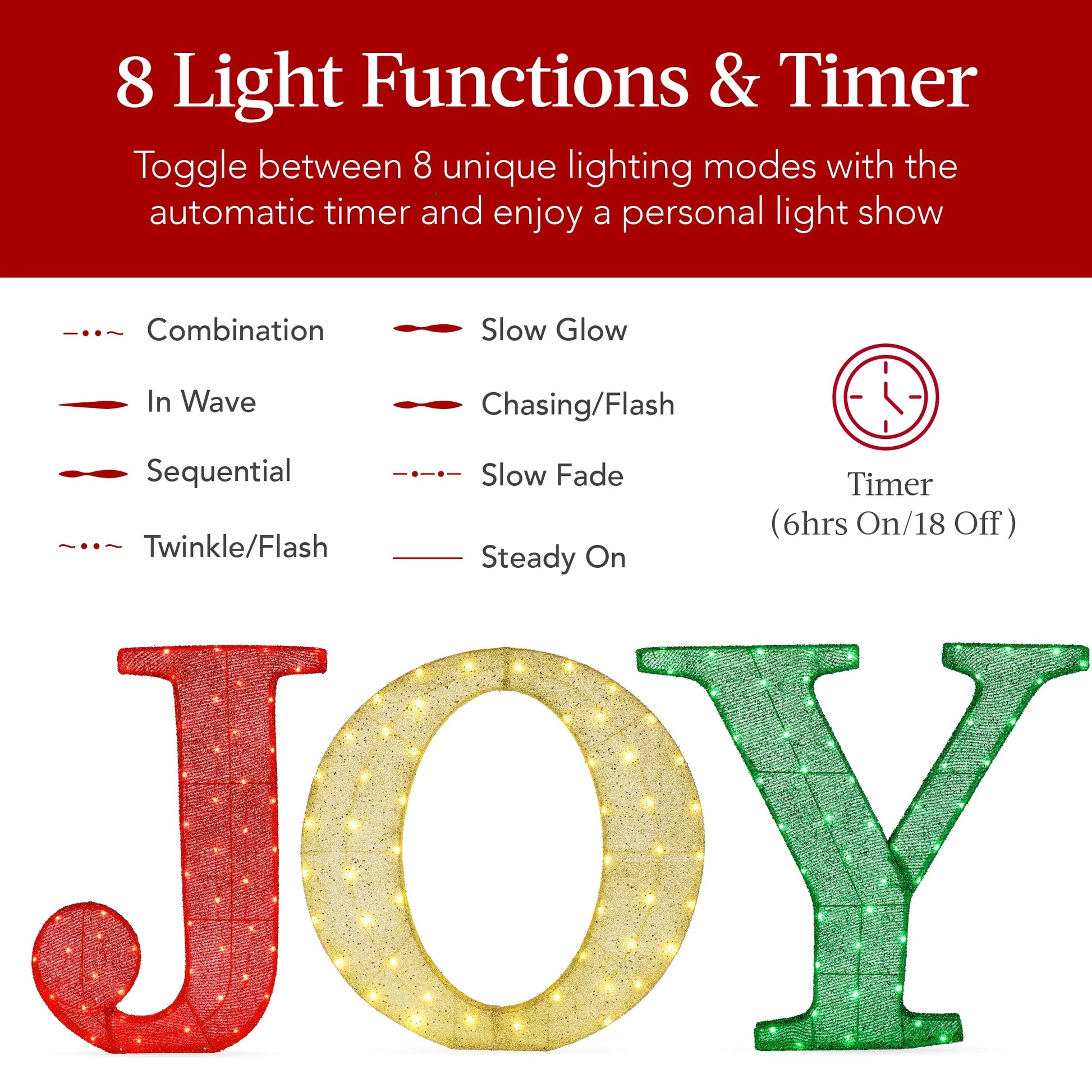Best Choice Products 32in 3-Piece 3D Lighted Christmas JOY Yard Decoration w/150 LED Lights, Stakes - Red/Gold/Green