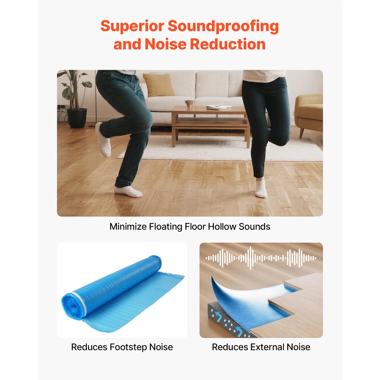 KFFKFF Floor Underlayment 600 sq. ft, 3-in-1 2 mm Thick Padding with Tape & Moisture Barrier, Durable EPE Foam for Sound Dampening & Noise Control, Suitable for Laminate Wood (6 Rolls x 100 sq. ft)