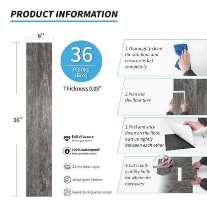 Self-adhesive 6" x 36" x 0.05" Luxury Vinyl Plank(36 pack)