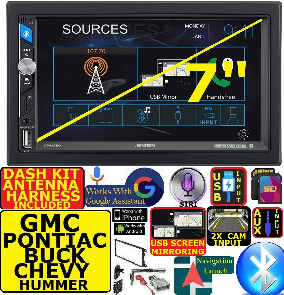 FITS GM-CAR-TRUCK-VAN-SUV AM/FM USB/BLUETOOTH TOUCHSCREEN CAR RADIO STEREO PKG. INCLUDES VEHICLE SPECIFIC INSTALLATION HARDWARE INCLUDING DASH KIT, WIRE HARNESS, AND ANTENNA ADAPTER WHEN REQIR