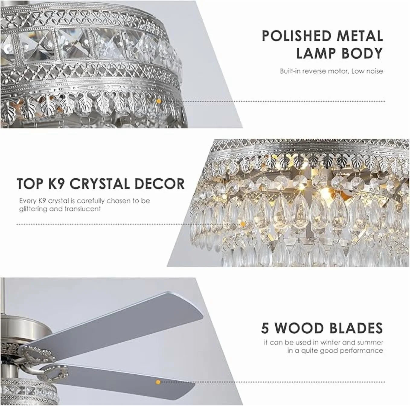 YIOSI 52" Crystal Ceiling Fan Fandelier with Remote Control, Modern Chrome Chandelier Ceiling Fan, Whisper-Quiet Motor, Reversible Blades, LED Lighting, Energy-Efficient, Elegant Living Room Fan