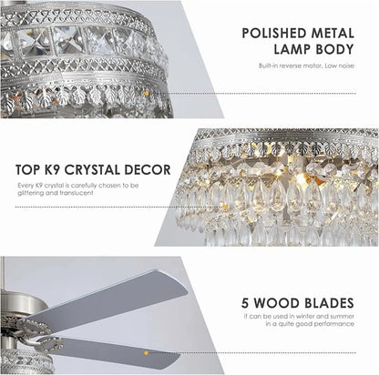 YIOSI 52" Crystal Ceiling Fan Fandelier with Remote Control, Modern Chrome Chandelier Ceiling Fan, Whisper-Quiet Motor, Reversible Blades, LED Lighting, Energy-Efficient, Elegant Living Room Fan