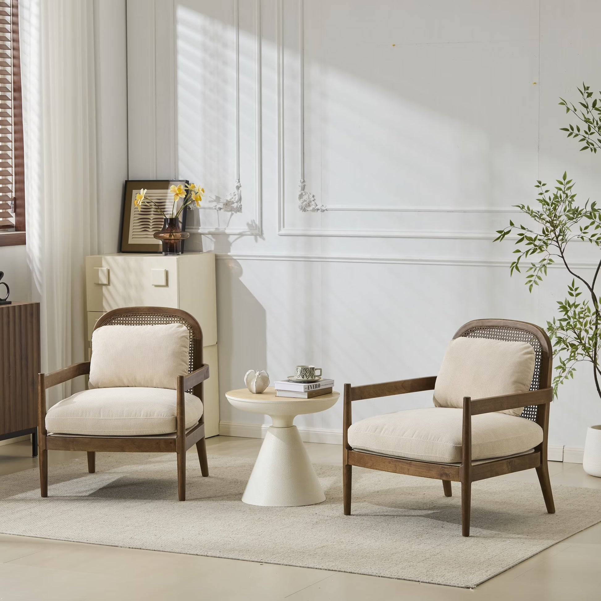 Christopher Knight Home [Set of 2] Mid-Century Modern Accent Chairs with Light Brown Solid Wood Frame, Rattan Backrest with Cushion - Comfortable Armchairs Light Brown
