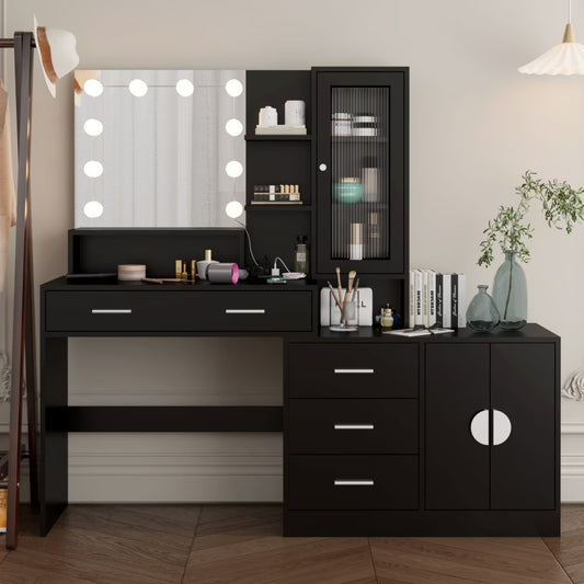 IVV Vanity Desk with Lighted Mirror and Charging Station, Makeup Dressing Table with 5 Drawers and Storage Cabinet, 10 LED Bulbs, 3-Color Lighting Modes, Brightness Adjustable, Black