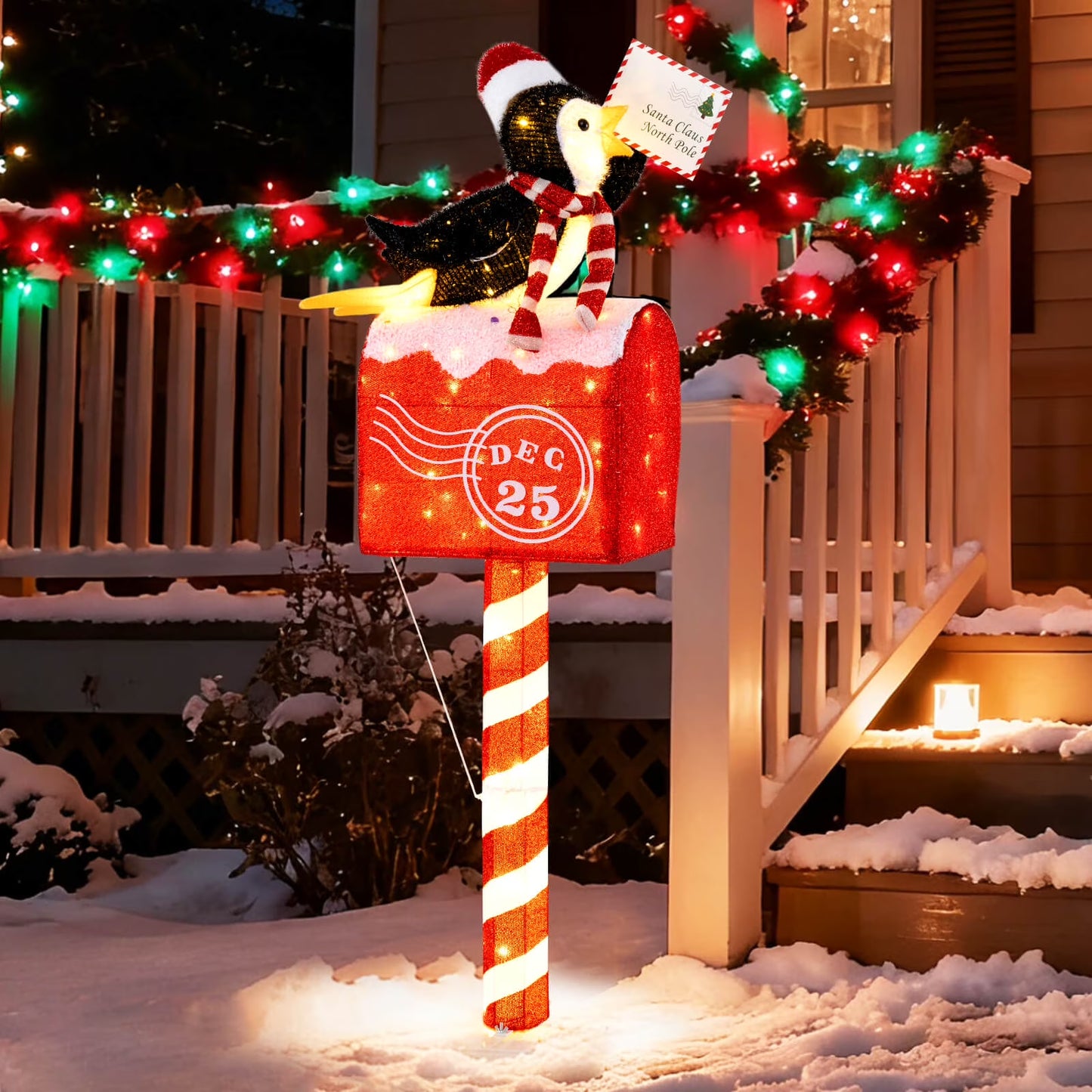 Costway 4.8 FT Christmas Lighted Penguin on Mailbox with 100 LED White Lights,Ground Stakes