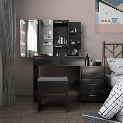 Vanity Set with Stool, Black Vanity Desk with Mirror, 5 Drawers and 2-Layer Shelves, LED Three-Tone Lighting, Particle Board With Triamine Coating, Solid Wood Legs With Copper Sheath Decoration