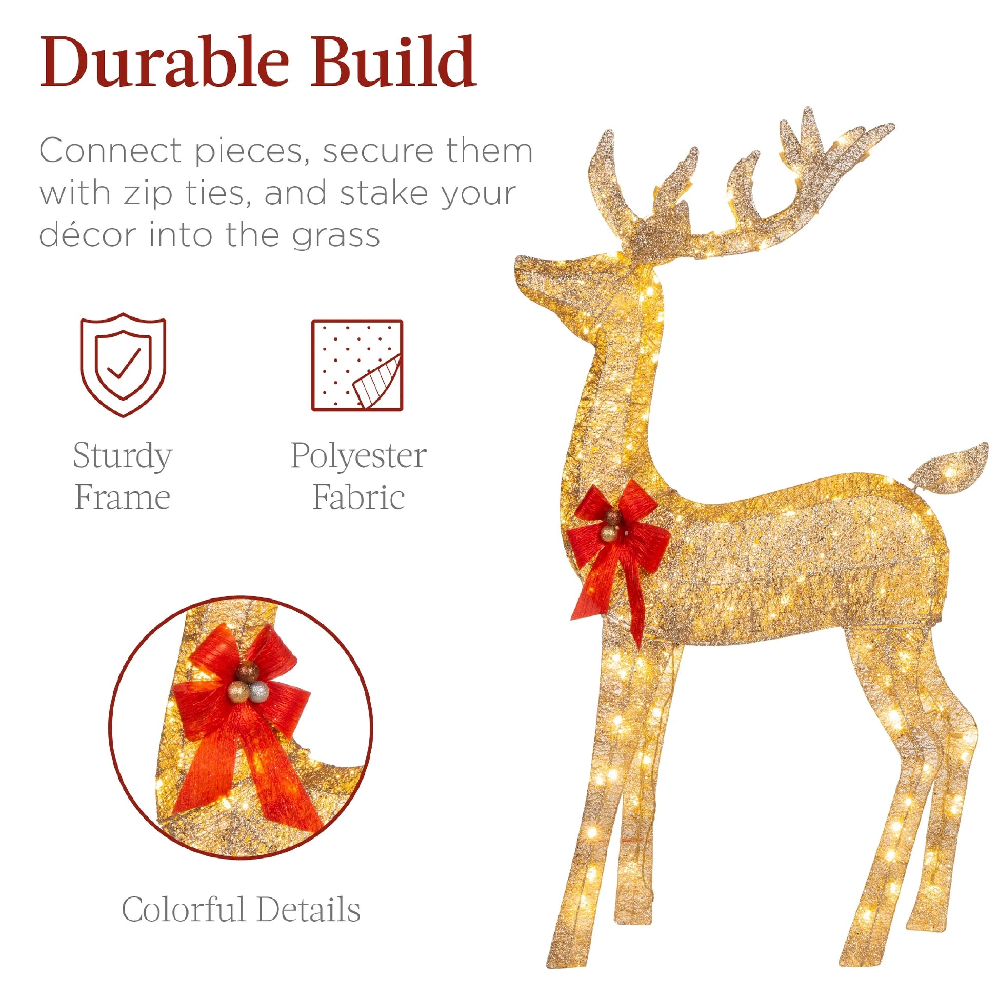 Best Choice Products 6.5ft 3-Piece Lighted Christmas Deer Set Outdoor Yard Decoration w/385 LED Lights, Stakes - Gold