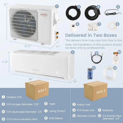 12000BTU Split Air Conditioner, Wall Mount, 21 SEER2, Cooling and Heating, Heating and Frost Protection, Quiet Operation, Energy Efficient, With Remote, Temperature Controls 750 sq. ft.