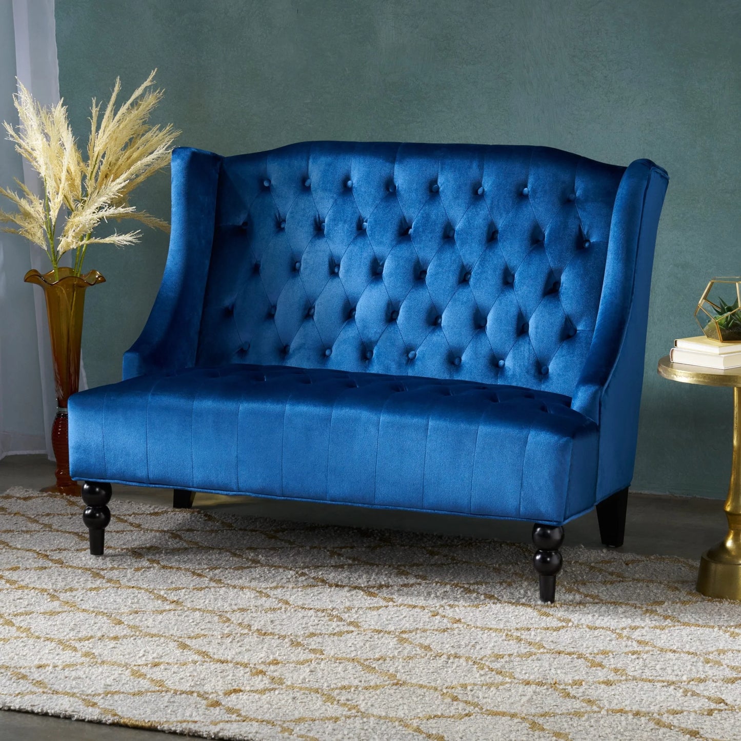 Christopher Knight Home Leora Modern Glam Tufted Velvet Wingback Loveseat by Armless Emerald Semi-Firm