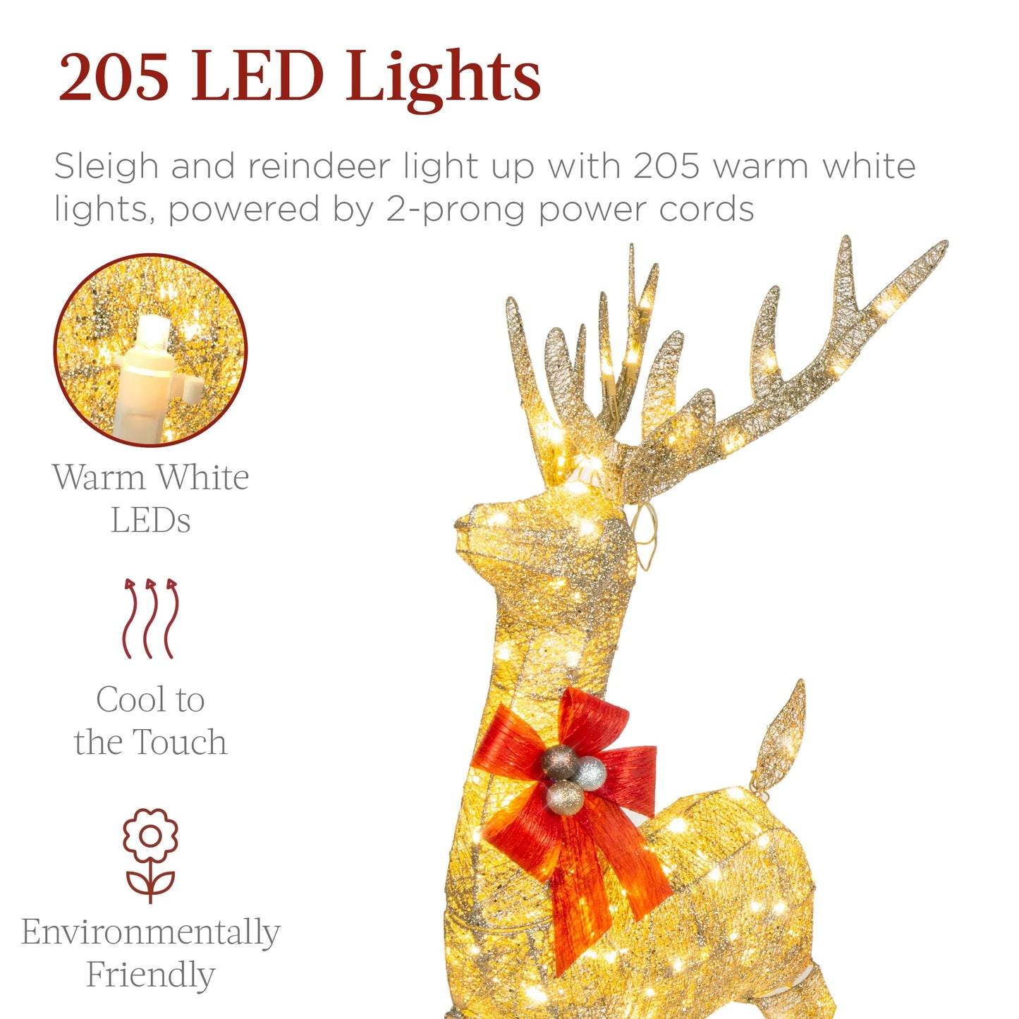 Best Choice Products Lighted Christmas 4ft Reindeer & Sleigh Holiday Outdoor Decor Set w/205 LED Lights, Stakes - Gold