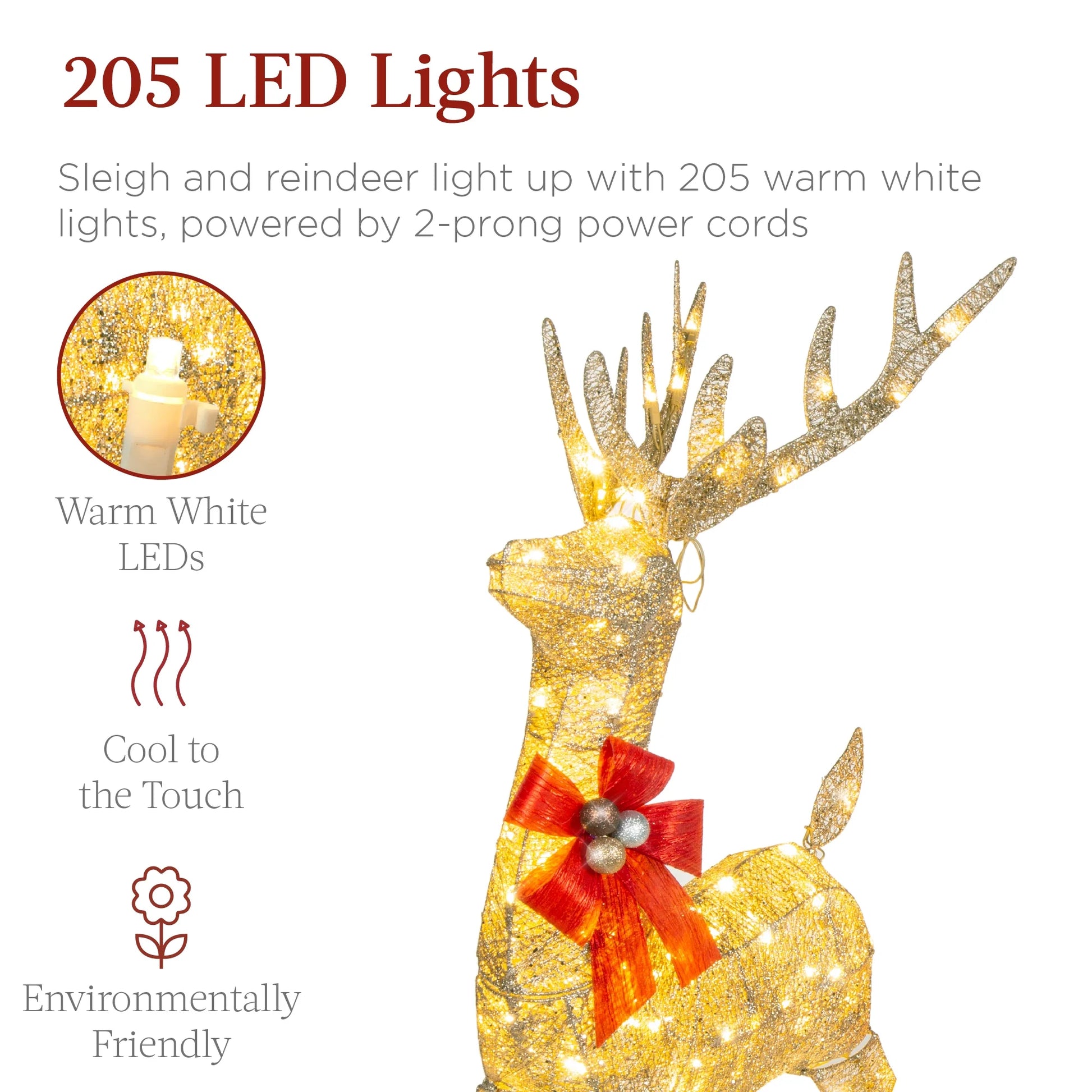 Best Choice Products Lighted Christmas 4ft Reindeer & Sleigh Holiday Outdoor Decor Set w/205 LED Lights, Stakes - Gold