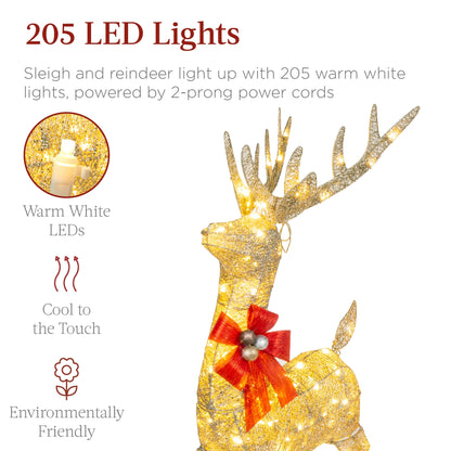 Best Choice Products Lighted Christmas 4ft Reindeer & Sleigh Holiday Outdoor Decor Set w/205 LED Lights, Stakes - Gold