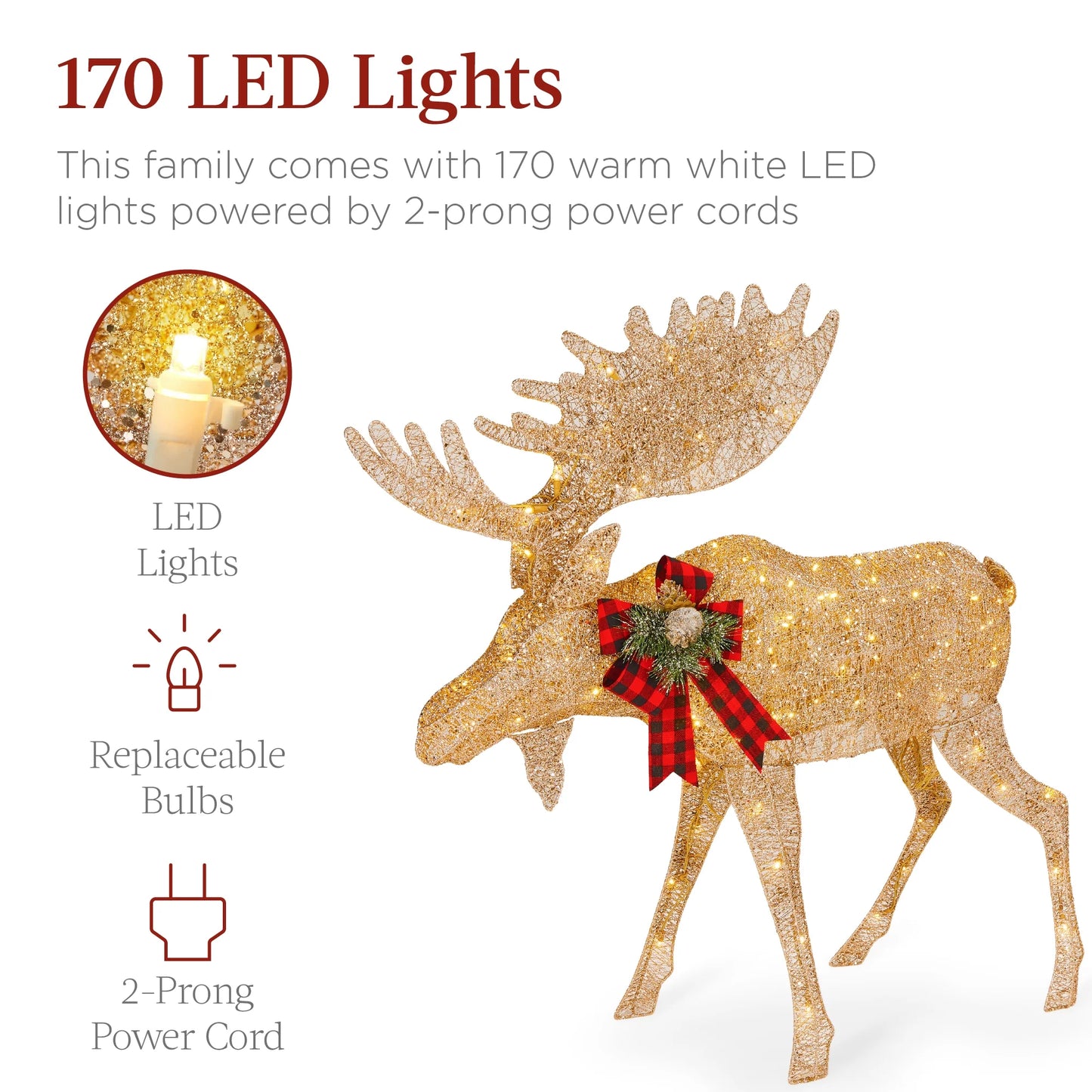 Best Choice Products 2-Piece Moose Family Lighted Christmas Yard Decor Set w/170 LED Lights, Stakes, Zip Ties - Gold