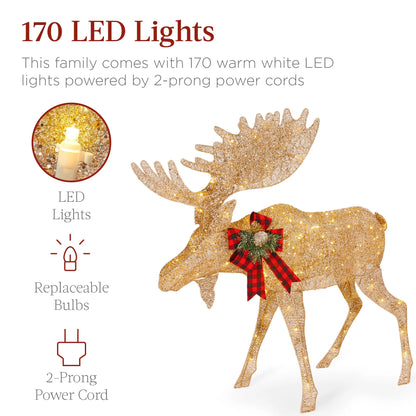 Best Choice Products 2-Piece Moose Family Lighted Christmas Yard Decor Set w/170 LED Lights, Stakes, Zip Ties - Gold