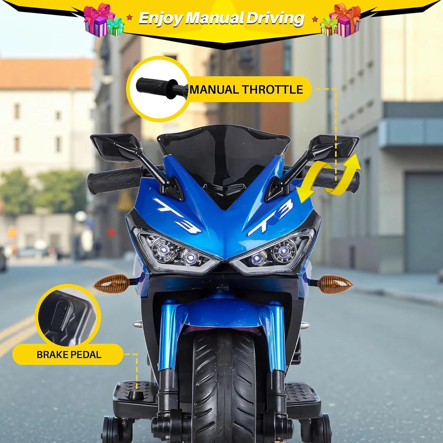 2 Seats Electric Dirt Bike Motorcycle for Kid 3-8, 12V Kids Motorcycle with Manual Throttle, Lighting Wheels, Music Function, Max Load 99LB (Blue)