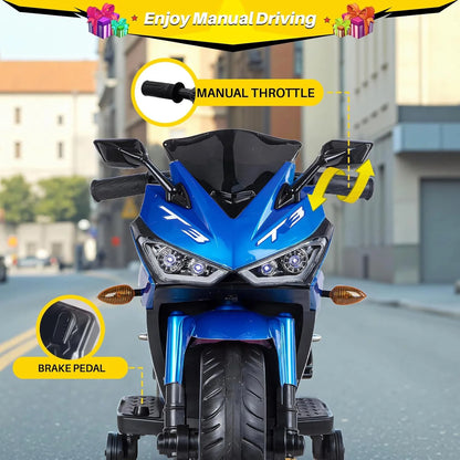 2 Seats Electric Dirt Bike Motorcycle for Kid 3-8, 12V Kids Motorcycle with Manual Throttle, Lighting Wheels, Music Function, Max Load 99LB (Blue)