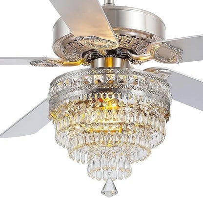 YIOSI 52" Crystal Ceiling Fan Fandelier with Remote Control, Modern Chrome Chandelier Ceiling Fan, Whisper-Quiet Motor, Reversible Blades, LED Lighting, Energy-Efficient, Elegant Living Room Fan