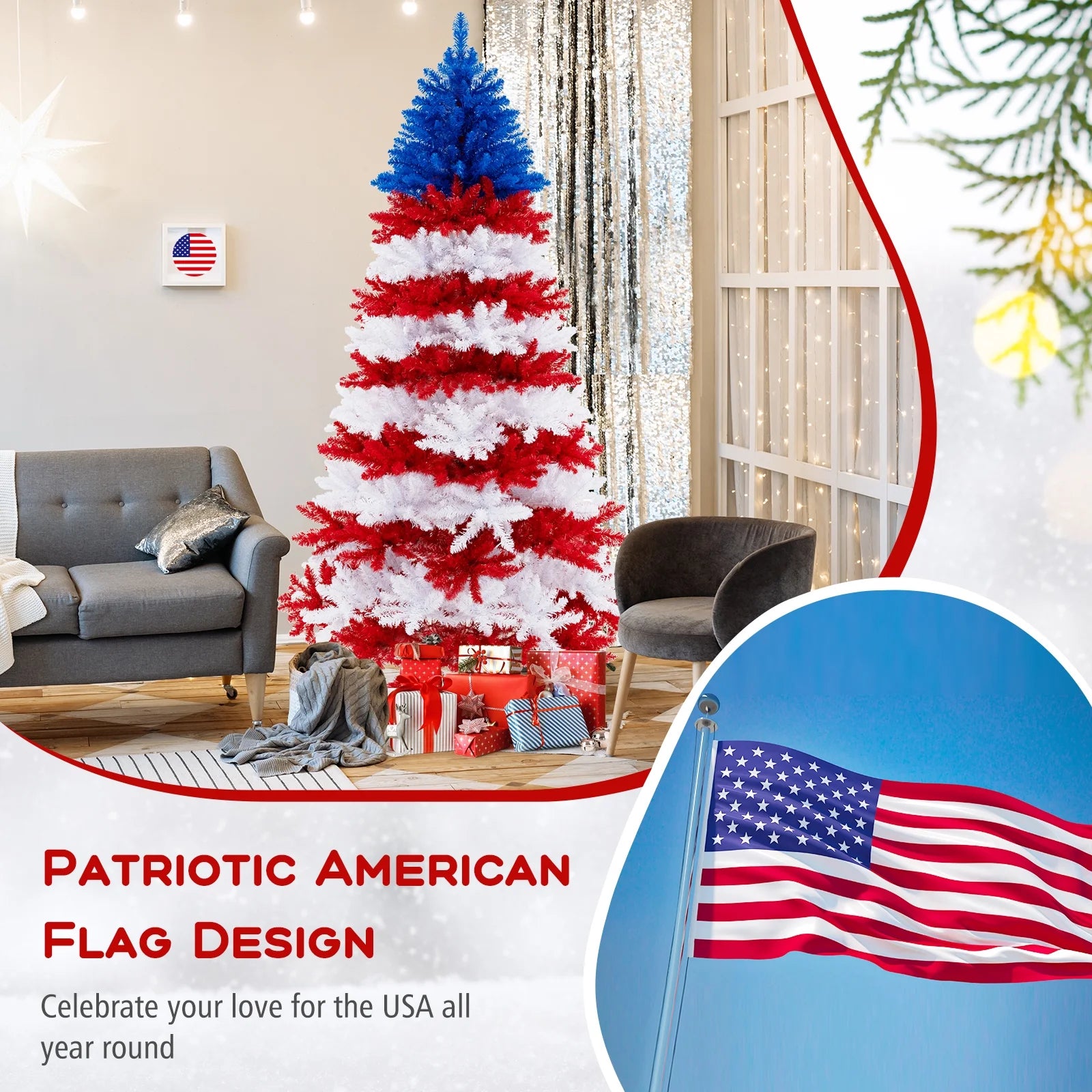 Costway 7.5 FT Patriotic Pre-Lit Artificial Christmas Tree with 1341 Branch Tips 480 Lights