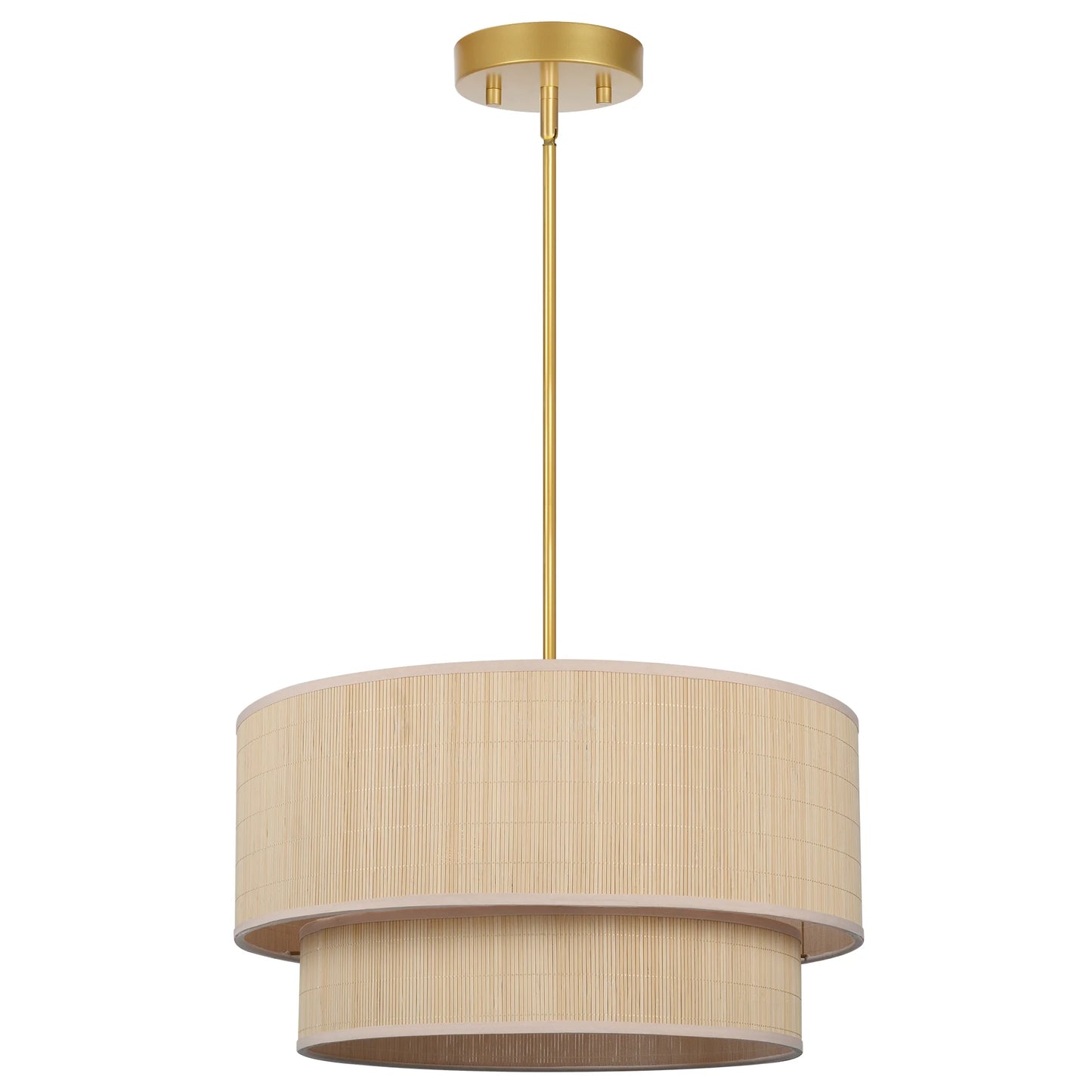 Prime Ray 20 in. 4-Light Natural Rattan Tiered Drum Pendant Chandelier Light with Gold Hardware