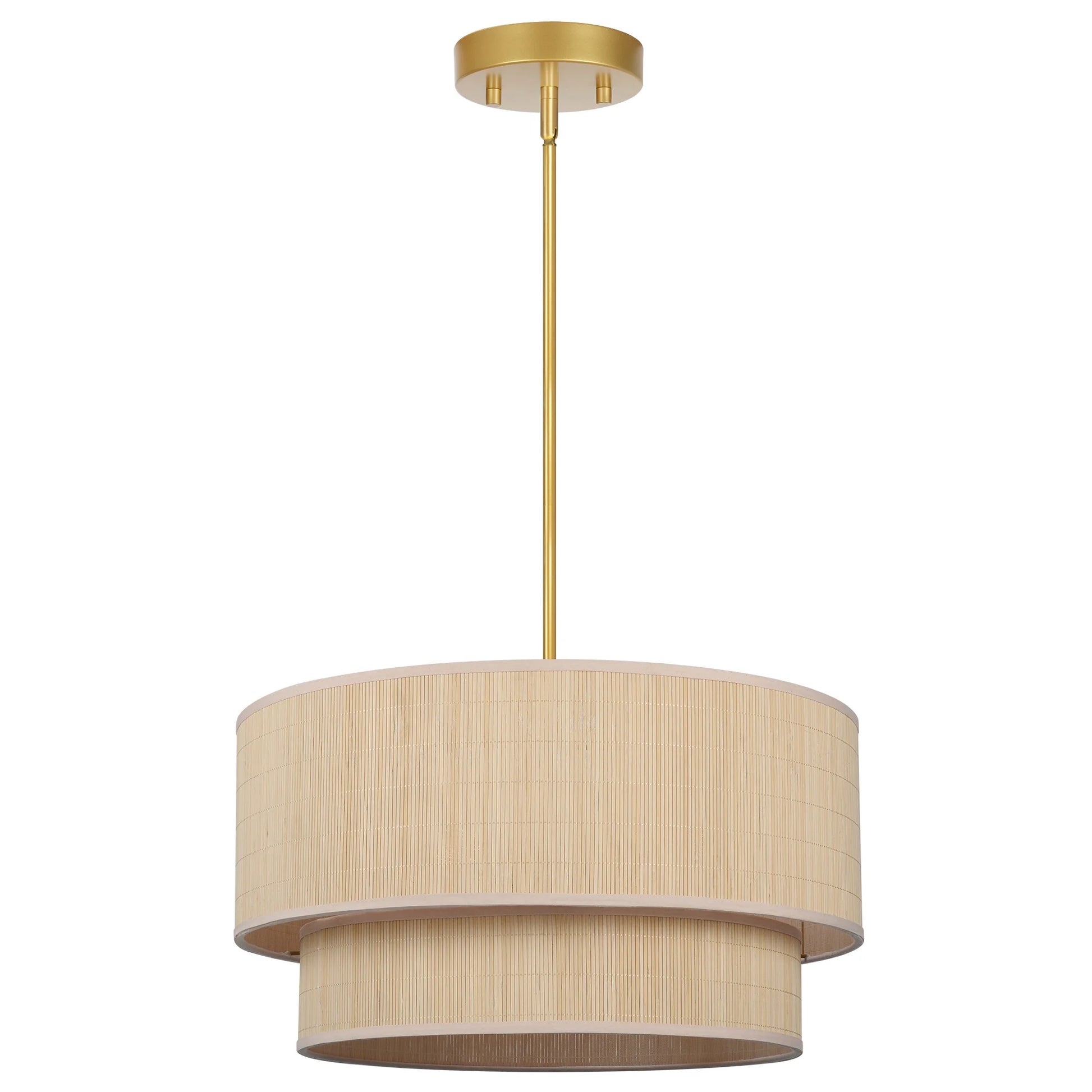 Prime Ray 20 in. 4-Light Natural Rattan Tiered Drum Pendant Chandelier Light with Gold Hardware