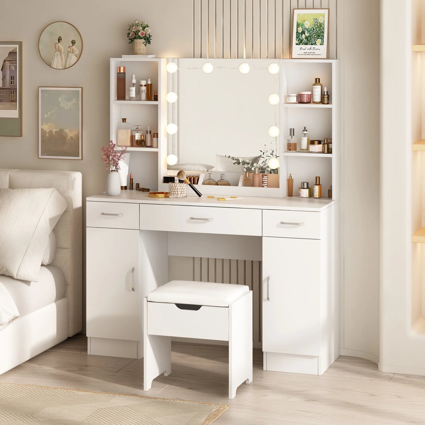 VEANERWOOD Large Makeup Vanity Set with Light Modern Makeup Vanity Table with Storage and Adjustable Lighting Colors for Bedroom 45.2in, White