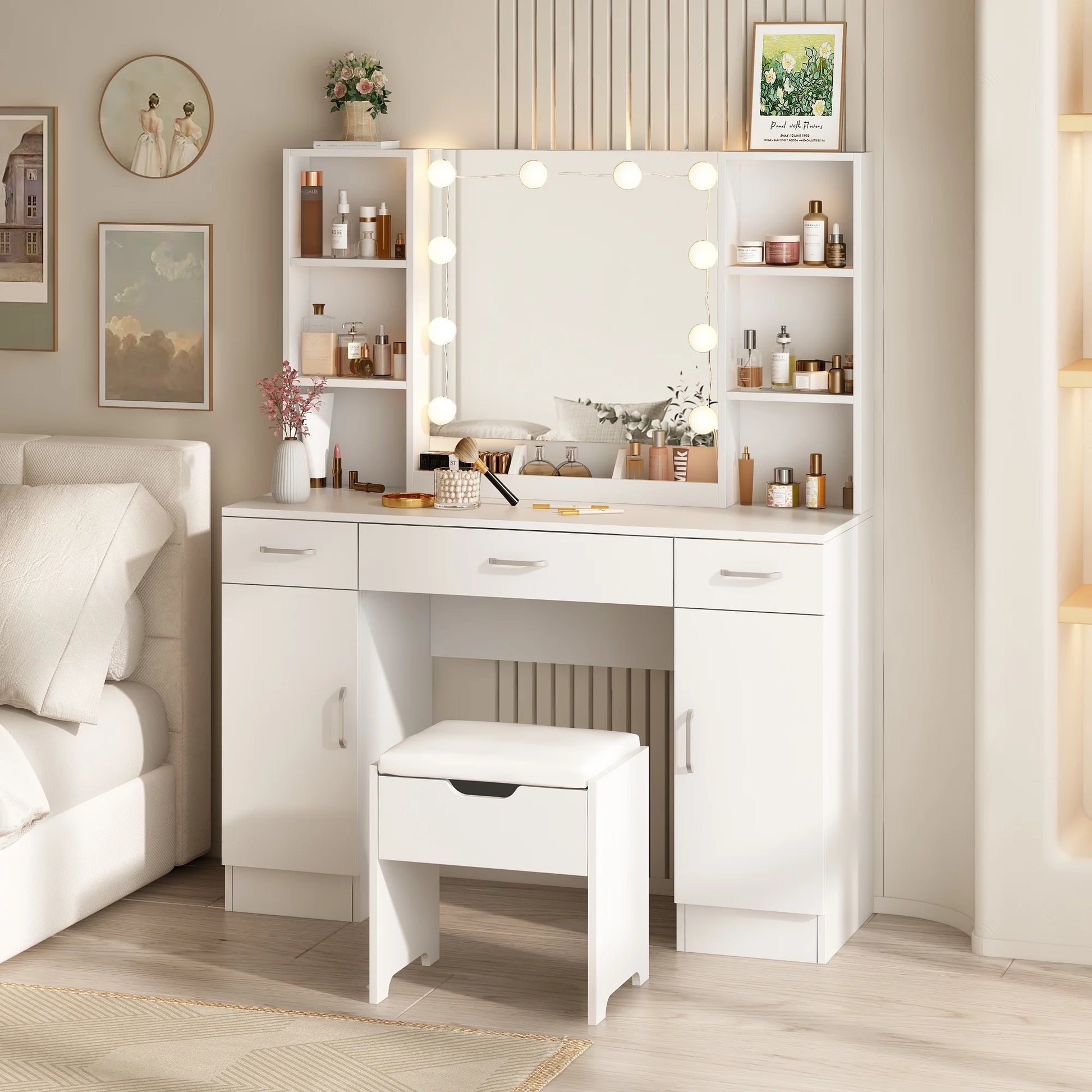 VEANERWOOD Large Makeup Vanity Set with Light Modern Makeup Vanity Table with Storage and Adjustable Lighting Colors for Bedroom 45.2in, White