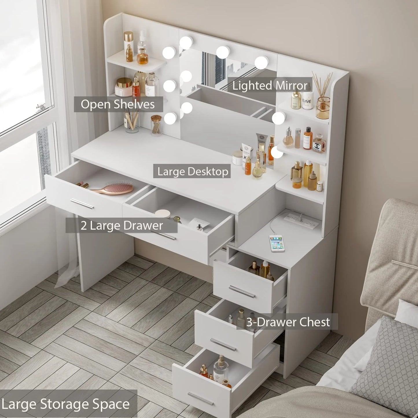 Makeup Vanity with Mirror and Lights,3 Lighting Colors,Bedroom Vanity Table with Charging Station,White Make Up Desk with 5 Drawers Storage and Open Shelves