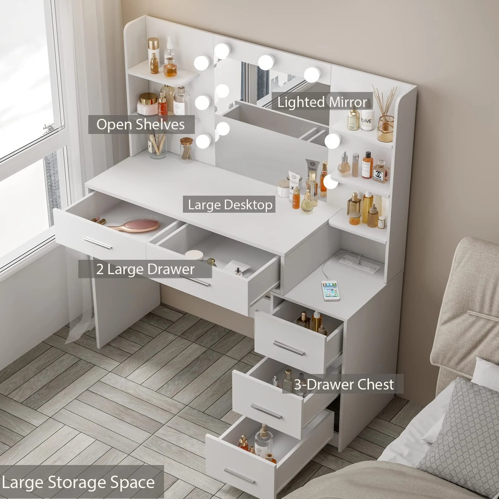Makeup Vanity with Mirror and Lights,3 Lighting Colors,Bedroom Vanity Table with Charging Station,White Make Up Desk with 5 Drawers Storage and Open Shelves