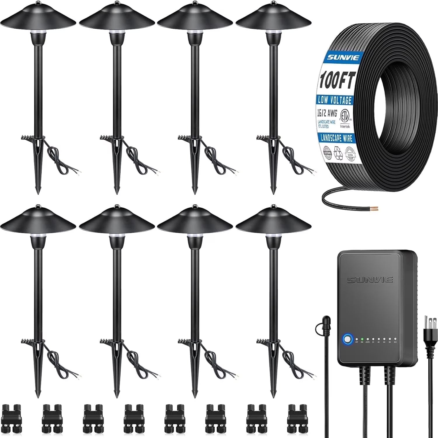 SUNVIE All-in-One Low Voltage Pathway Lighting Kit, 8 Pack LED Light with Transformer and Wire