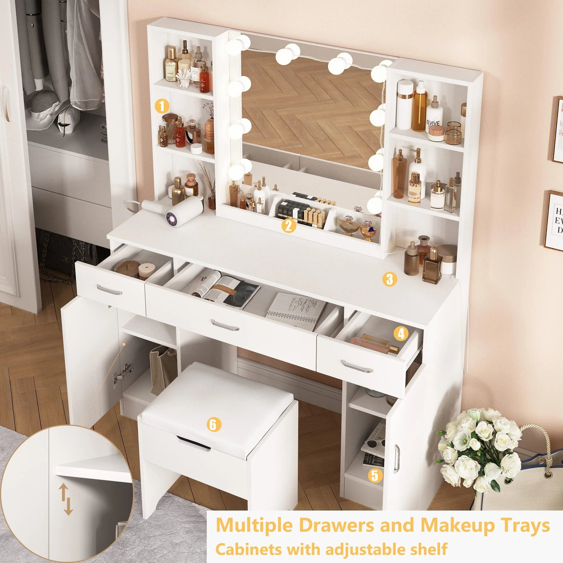 Veanerwood Large Makeup Vanity Set with Lights, White Bedroom Makeup Vanity Table with Storage, 3 Adjustable Lighting Colors, Modern, 45.2in
