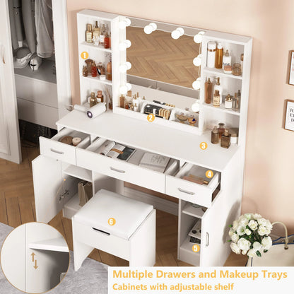 Veanerwood Large Makeup Vanity Set with Lights, White Bedroom Makeup Vanity Table with Storage, 3 Adjustable Lighting Colors, Modern, 45.2in